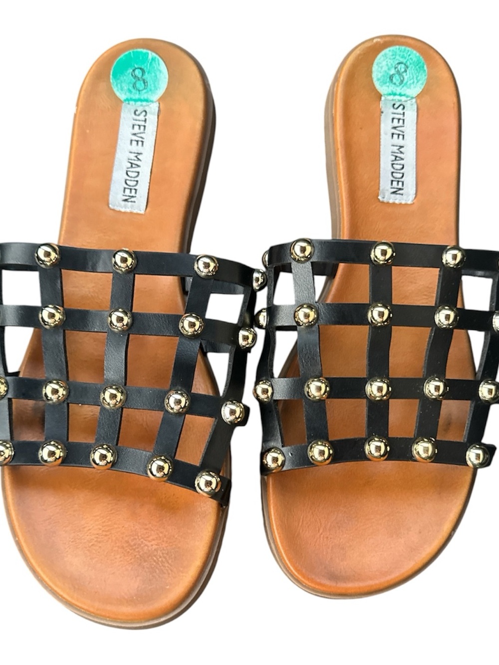 Steve Madden Black Woven Slide Sandals with Gold Studs Size 8 Worn Once